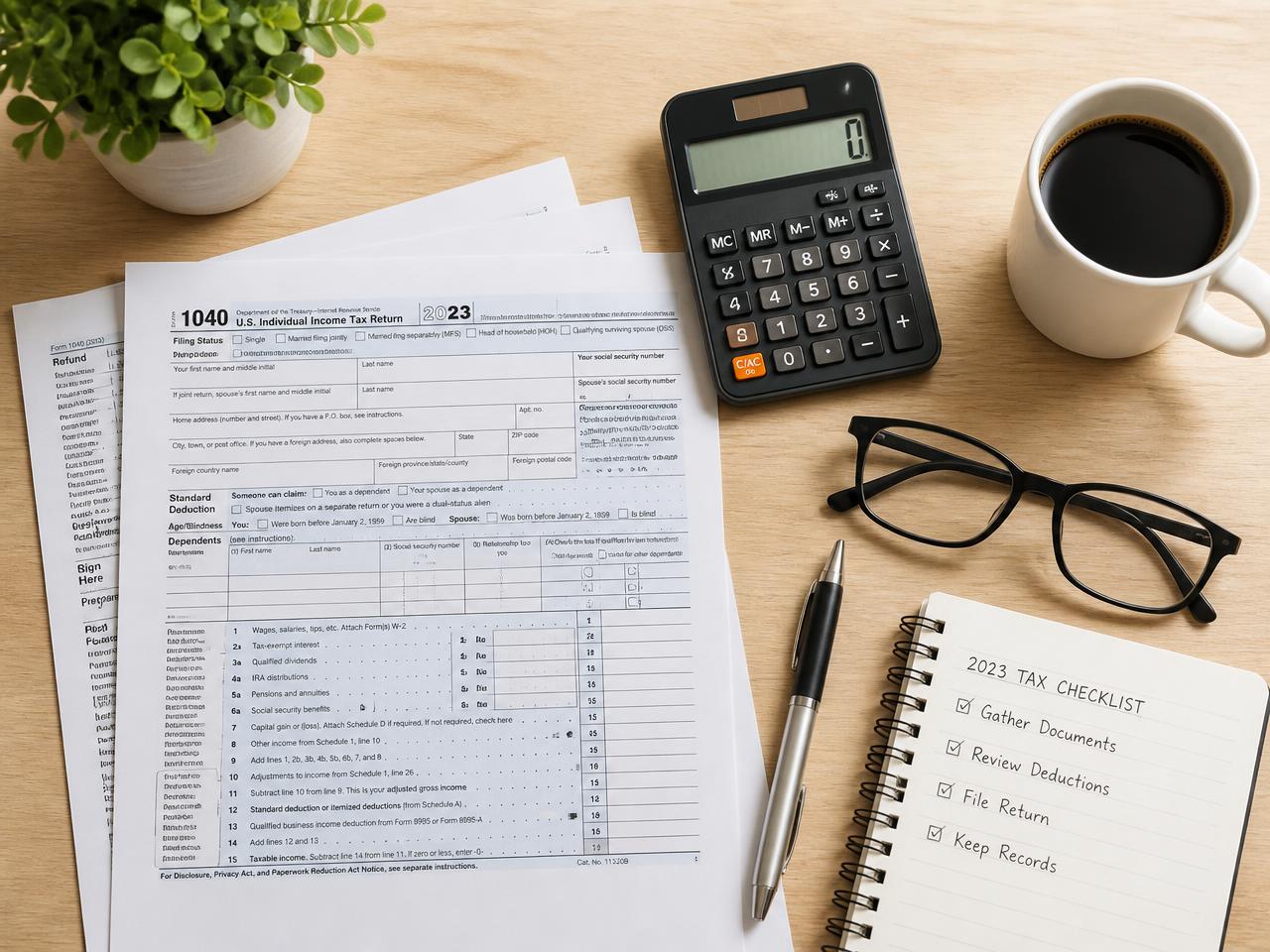 Tax documents, calculator and planning worksheets on a desk